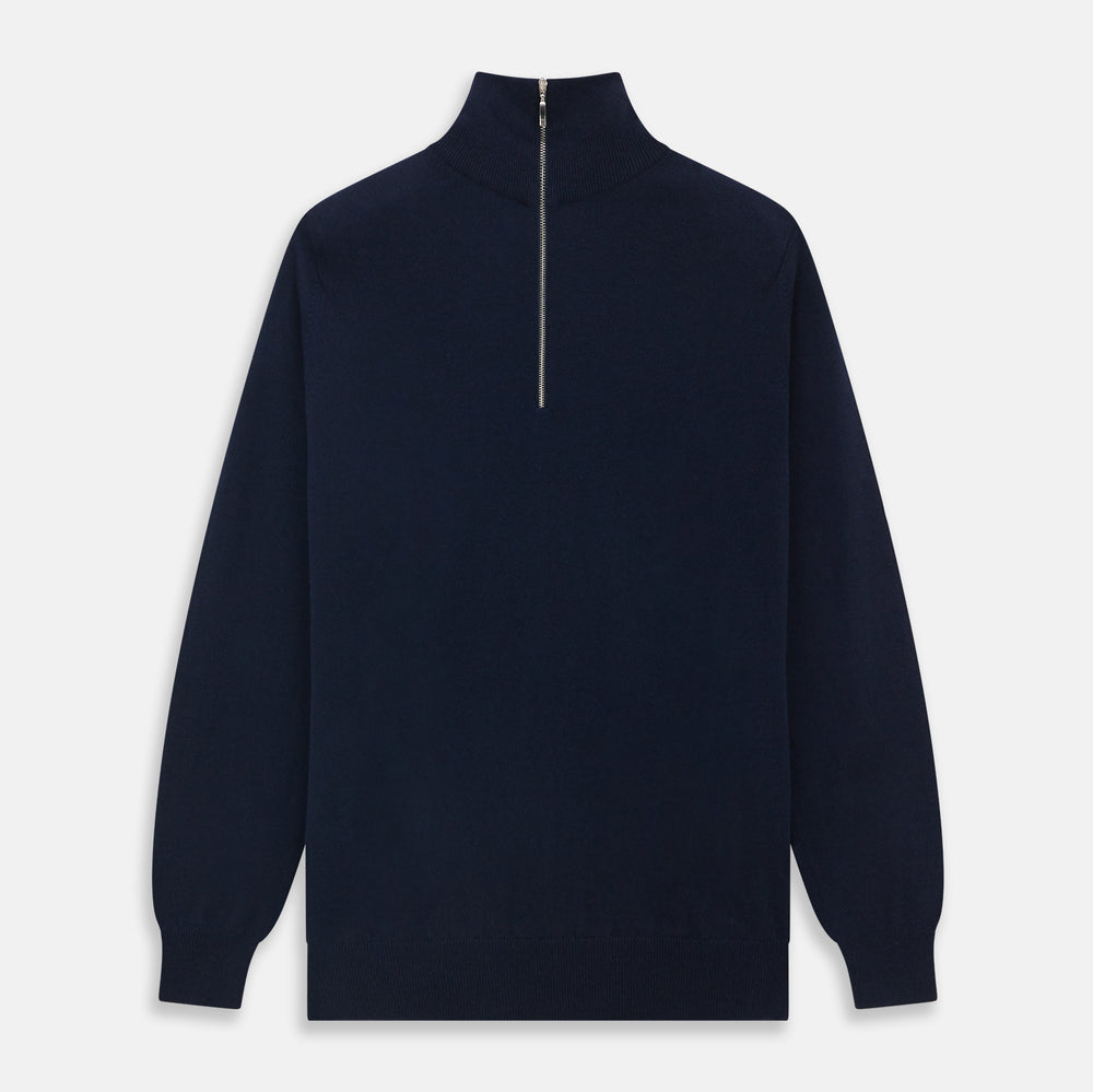 The Turnbull & Asser Navy Half-Zip Cashmere Jumper features a high collar and silver quarter-zip closure, shown flat on a white background.