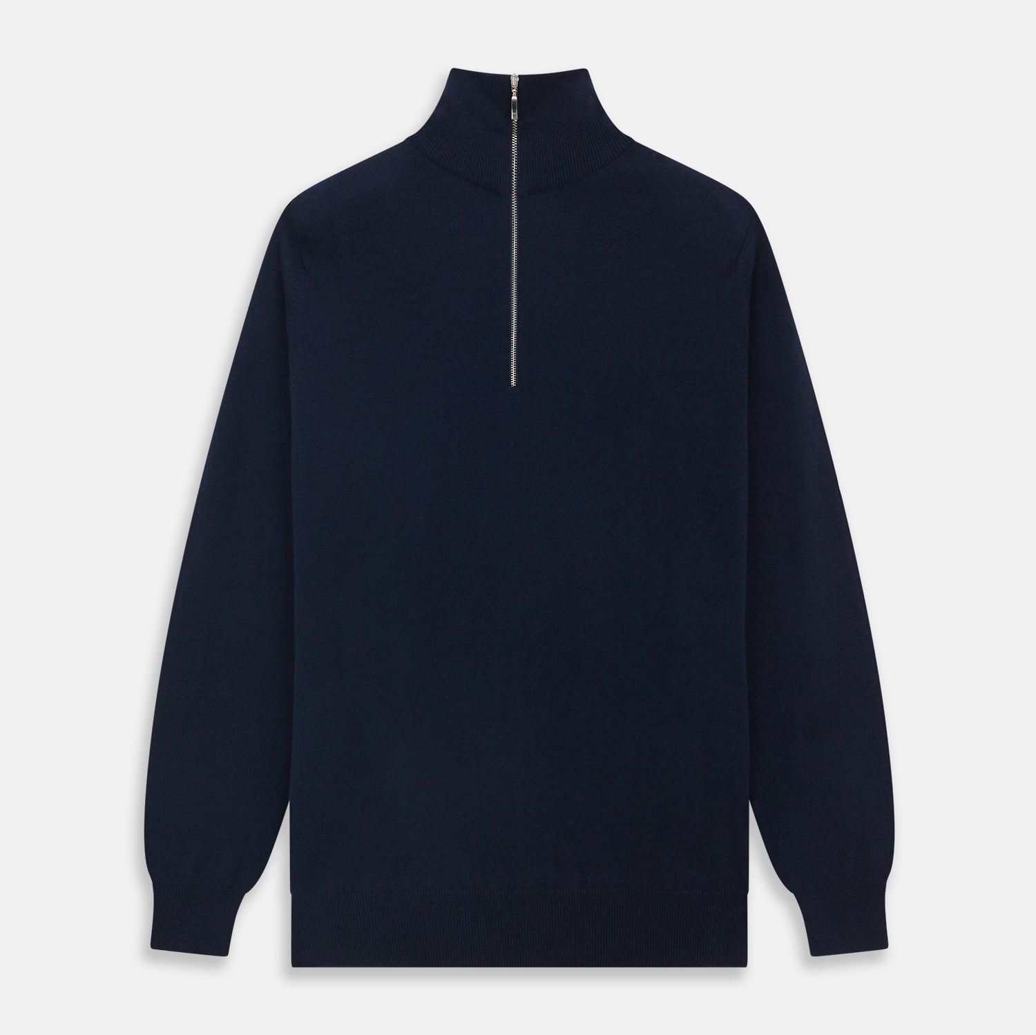 View 1 of product The Turnbull & Asser Navy Half-Zip Cashmere Jumper features a high collar and silver quarter-zip closure, shown flat on a white background.