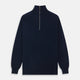 The Turnbull & Asser Navy Half-Zip Cashmere Jumper features a high collar and silver quarter-zip closure, shown flat on a white background.