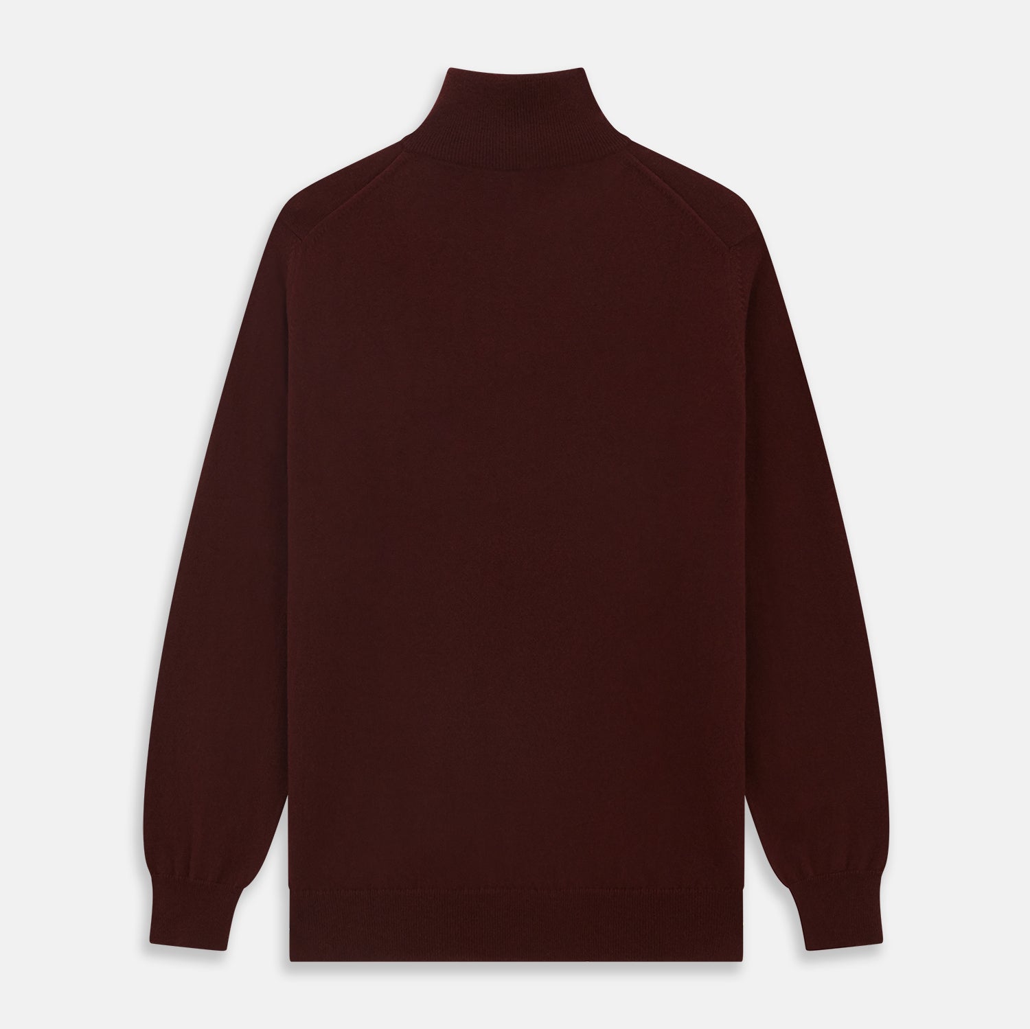 View 4 of product The Turnbull & Asser Port Cashmere Half-Zip Jumper is a dark maroon, long-sleeve style with a high collar, silver half-zip, and ribbed cuffs and hem, shown laid flat on a white background—ideal for layering.
