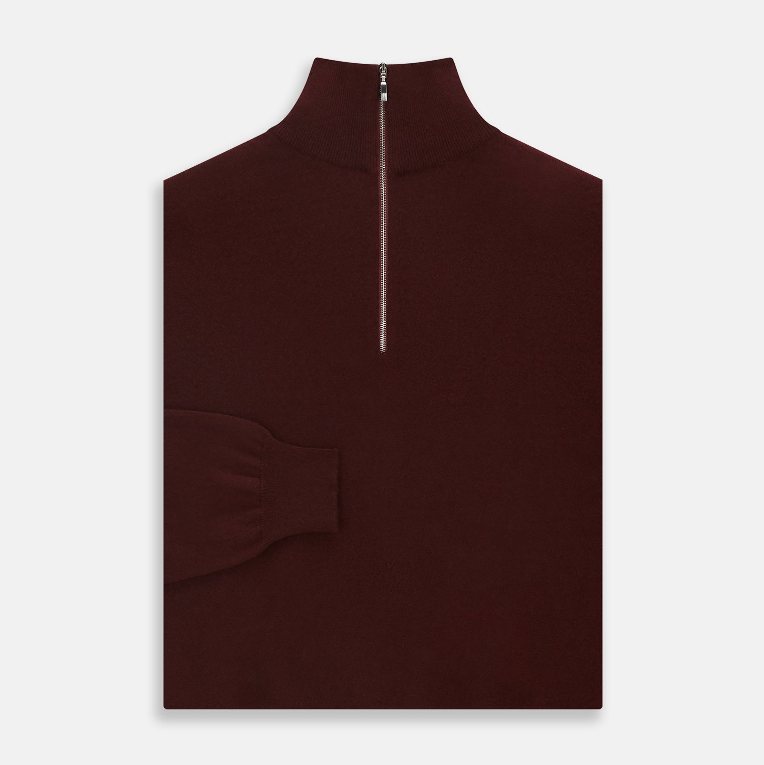 View 3 of product The Turnbull & Asser Port Cashmere Half-Zip Jumper is a dark maroon, long-sleeve style with a high collar, silver half-zip, and ribbed cuffs and hem, shown laid flat on a white background—ideal for layering.