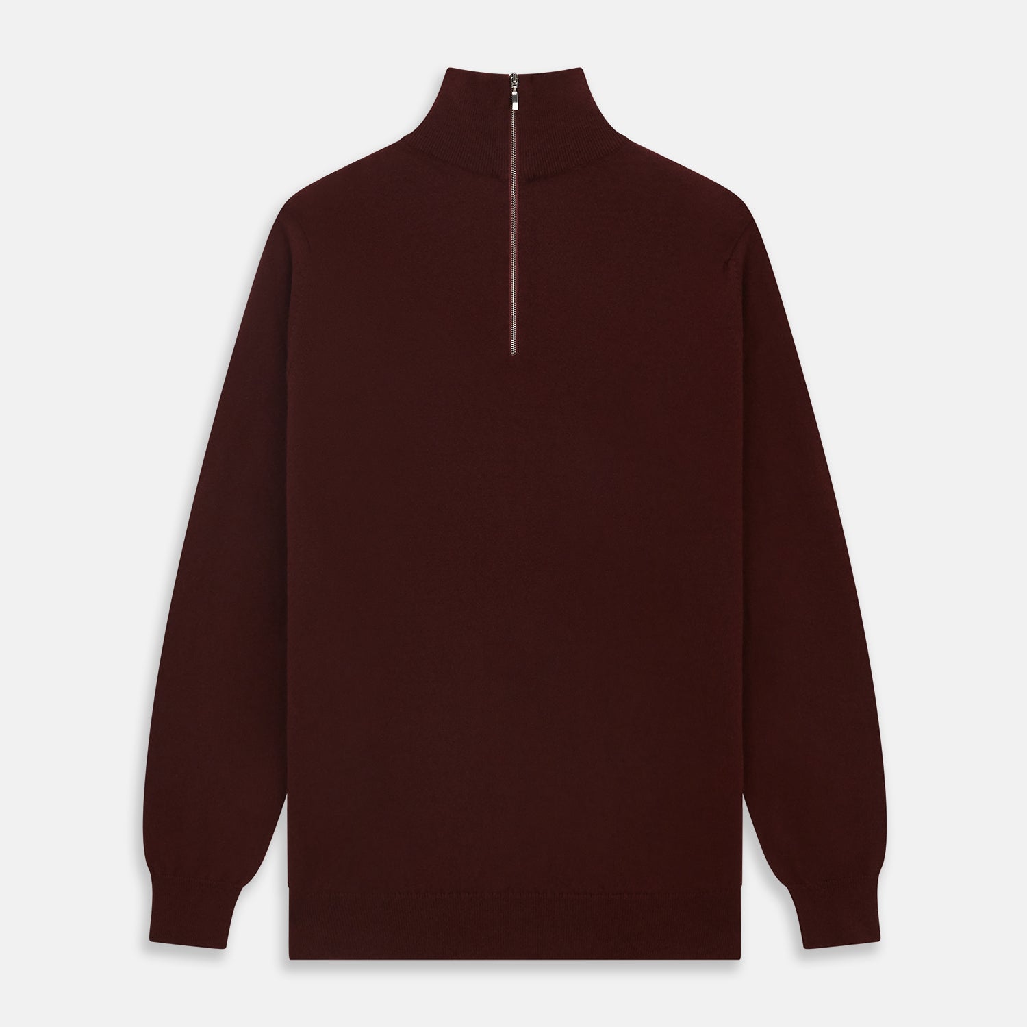 View 1 of product The Turnbull & Asser Port Cashmere Half-Zip Jumper is a dark maroon, long-sleeve style with a high collar, silver half-zip, and ribbed cuffs and hem, shown laid flat on a white background—ideal for layering.