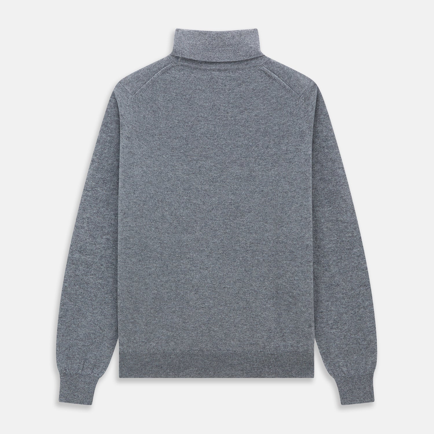 View 4 of product The Turnbull & Asser Kylian Flannel Grey Roll Neck Jumper features long sleeves, ribbed cuffs and hem—ideal for autumn layering. Laid flat on a white background.