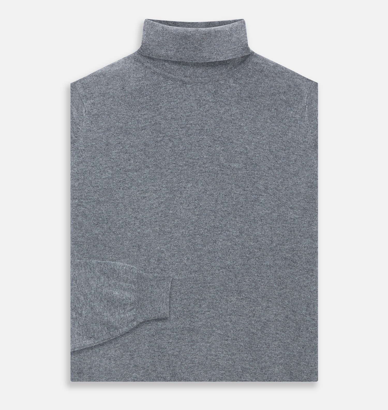 View 3 of product The Turnbull & Asser Kylian Flannel Grey Roll Neck Jumper features long sleeves, ribbed cuffs and hem—ideal for autumn layering. Laid flat on a white background.