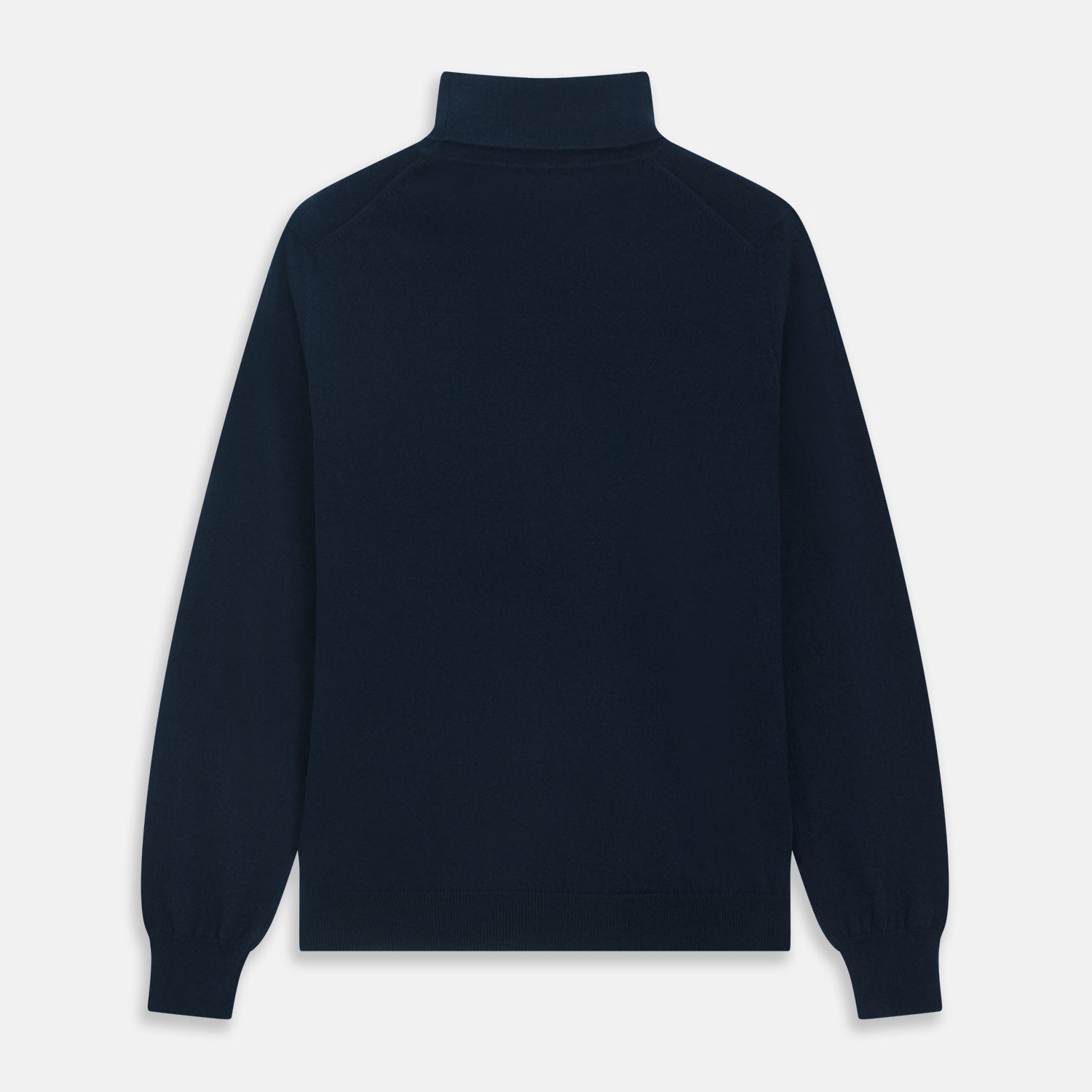 View 4 of product The Turnbull & Asser Navy Cashmere Roll Neck Jumper, with ribbed cuffs and hem, is a timeless autumn essential. Shown laid flat on a white background, this plain long-sleeved sweater offers classic style and comfort.