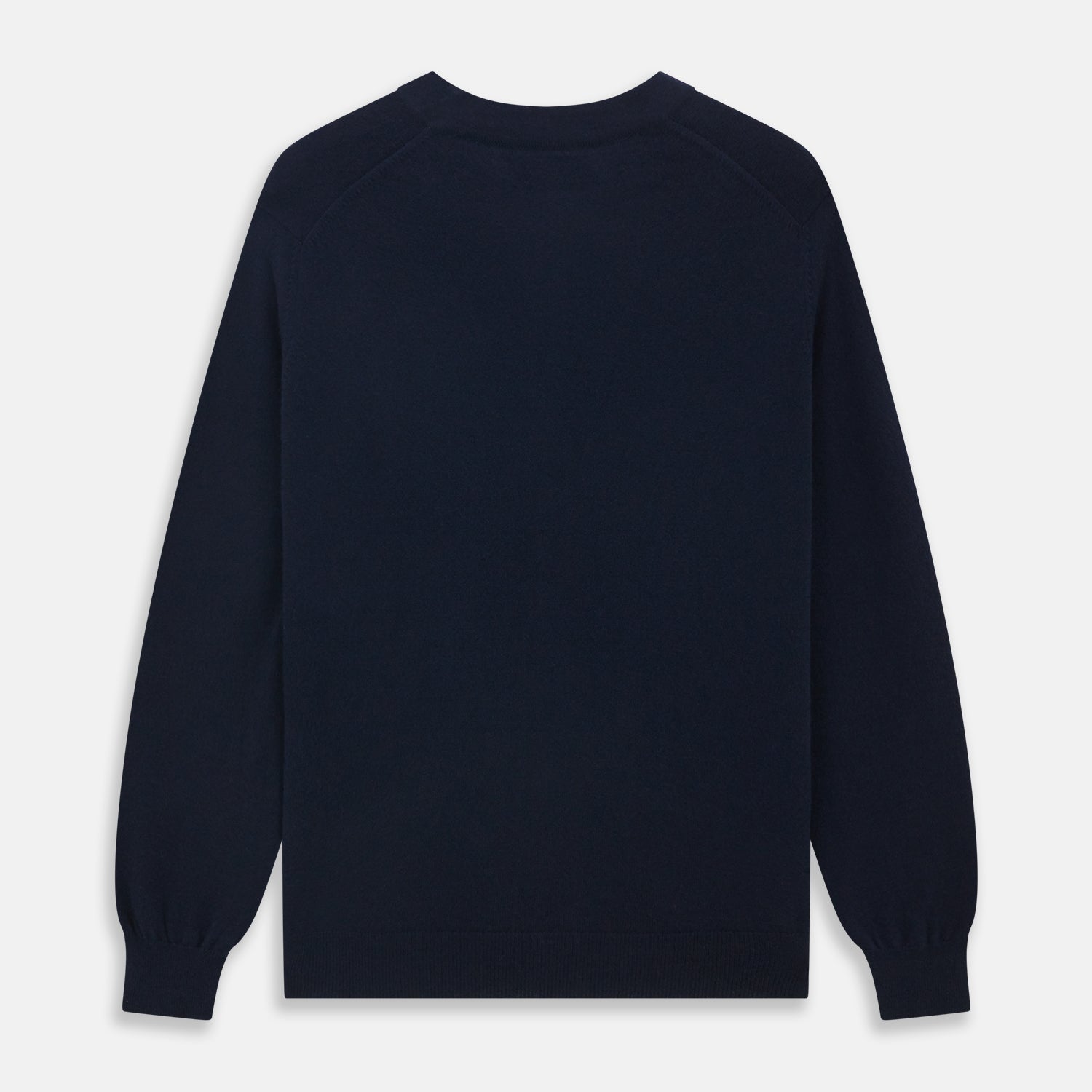 View 4 of product The Navy Cashmere Cardigan by Turnbull & Asser features long sleeves, a V-neckline, button-down front, two front pockets, and ribbed trims, crafted from 21GG cashmere in navy blue and shown laid flat on a white background.
