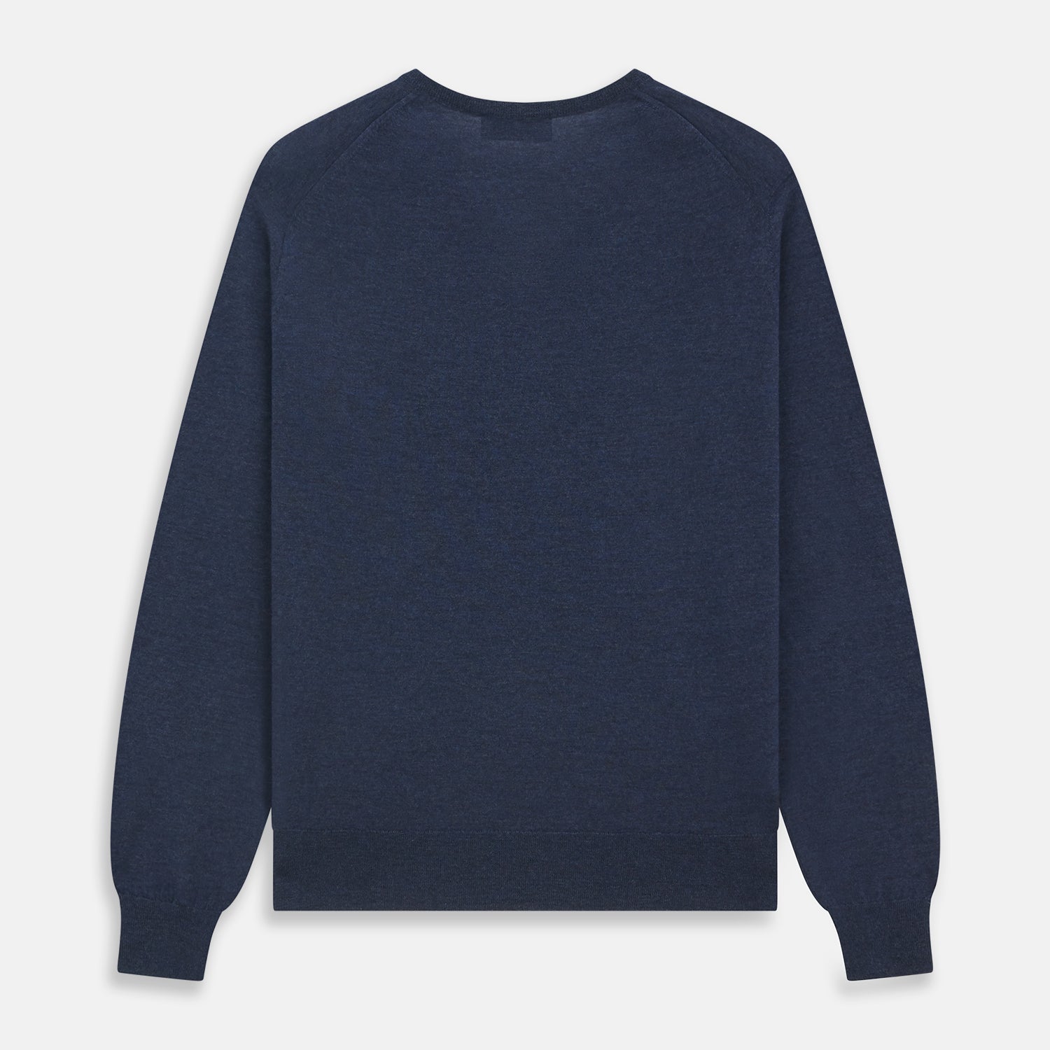View 4 of product The Blue V-Neck Merino Wool Jumper by Turnbull & Asser features long sleeves, ribbed cuffs, and a ribbed hem—a timeless essential for any gentleman's wardrobe, shown laid flat on a white background.