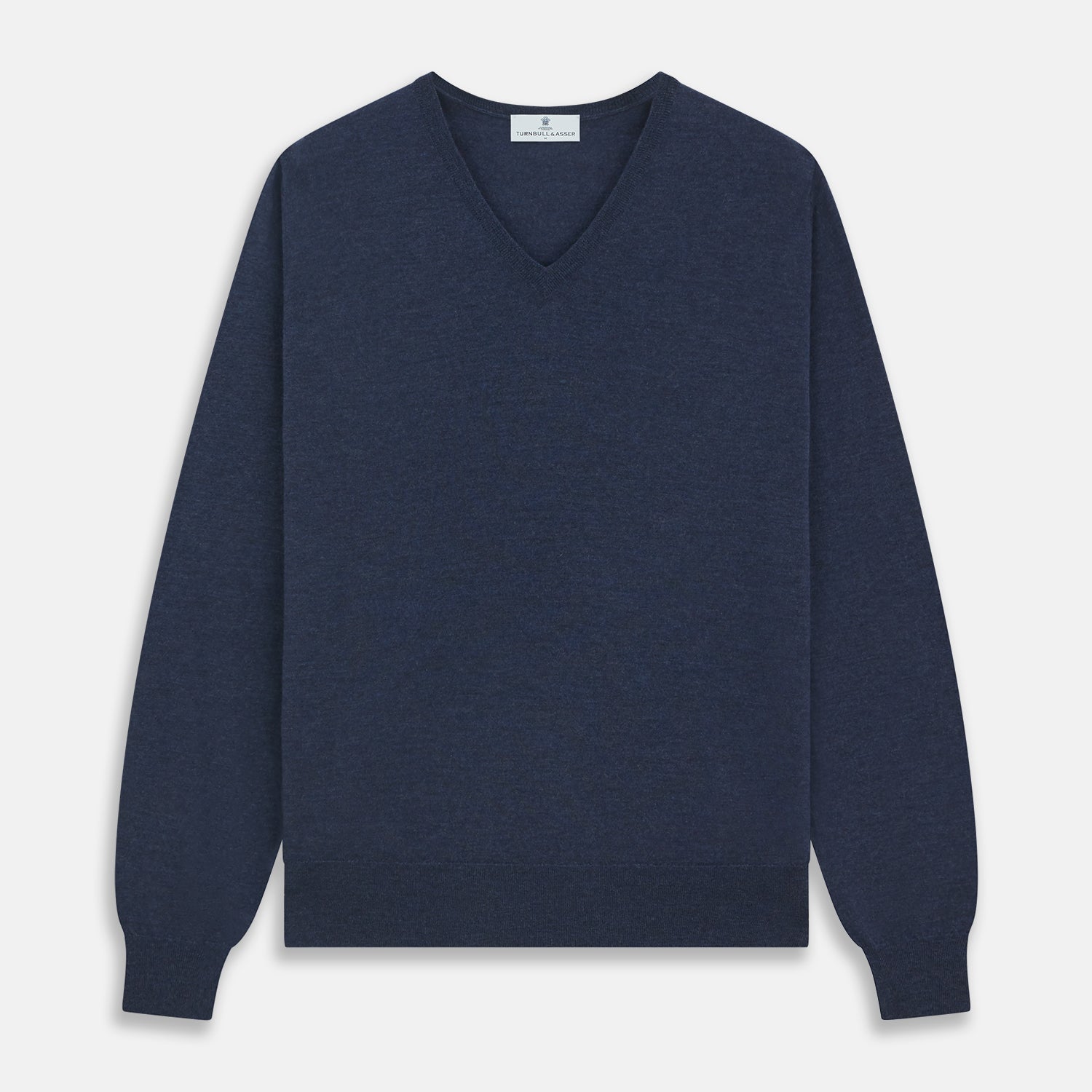 View 1 of product The Blue V-Neck Merino Wool Jumper by Turnbull & Asser features long sleeves, ribbed cuffs, and a ribbed hem—a timeless essential for any gentleman's wardrobe, shown laid flat on a white background.