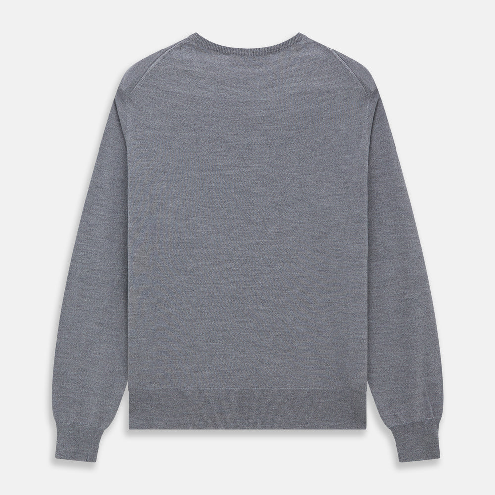 The Turnbull & Asser Grey Crew Neck Merino Wool Jumper, a timeless long-sleeved staple, is shown laid flat on a white background.
