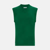 View 1 of product The Turnbull & Asser Hunter Green Fine Merino V-Neck Vest features a sleeveless design with ribbed edges, making it a stylish sweater vest for any gentleman. Shown against a plain white background.