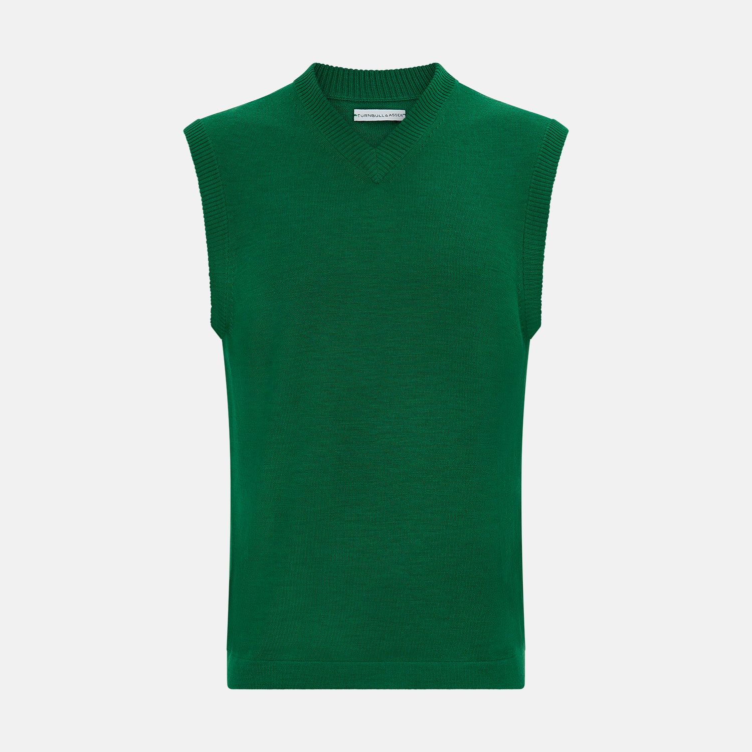 View 1 of product The Turnbull & Asser Hunter Green Fine Merino V-Neck Vest features a sleeveless design with ribbed edges, making it a stylish sweater vest for any gentleman. Shown against a plain white background.