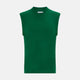 The Turnbull & Asser Hunter Green Fine Merino V-Neck Vest features a sleeveless design with ribbed edges, making it a stylish sweater vest for any gentleman. Shown against a plain white background.