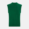 View 3 of product The Turnbull & Asser Hunter Green Fine Merino V-Neck Vest features a sleeveless design with ribbed edges, making it a stylish sweater vest for any gentleman. Shown against a plain white background.