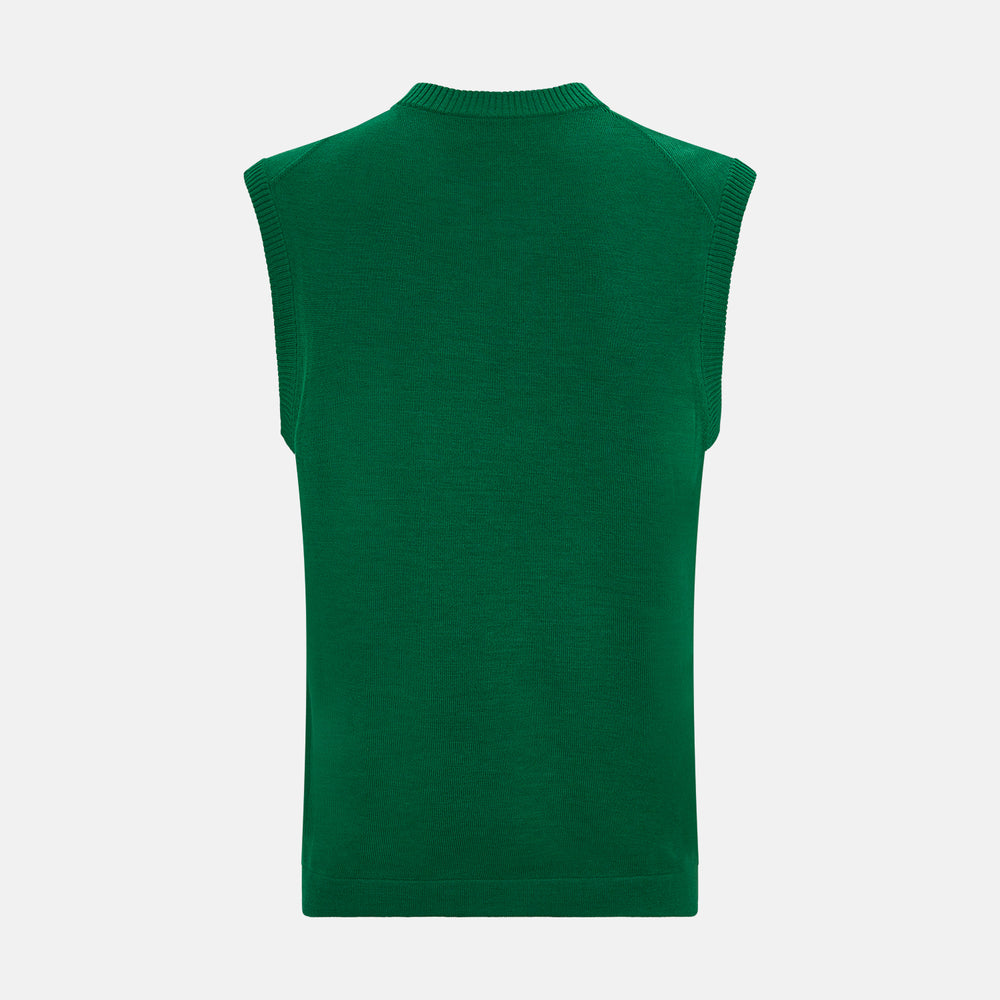 The Turnbull & Asser Hunter Green Fine Merino V-Neck Vest features a sleeveless design with ribbed edges, making it a stylish sweater vest for any gentleman. Shown against a plain white background.