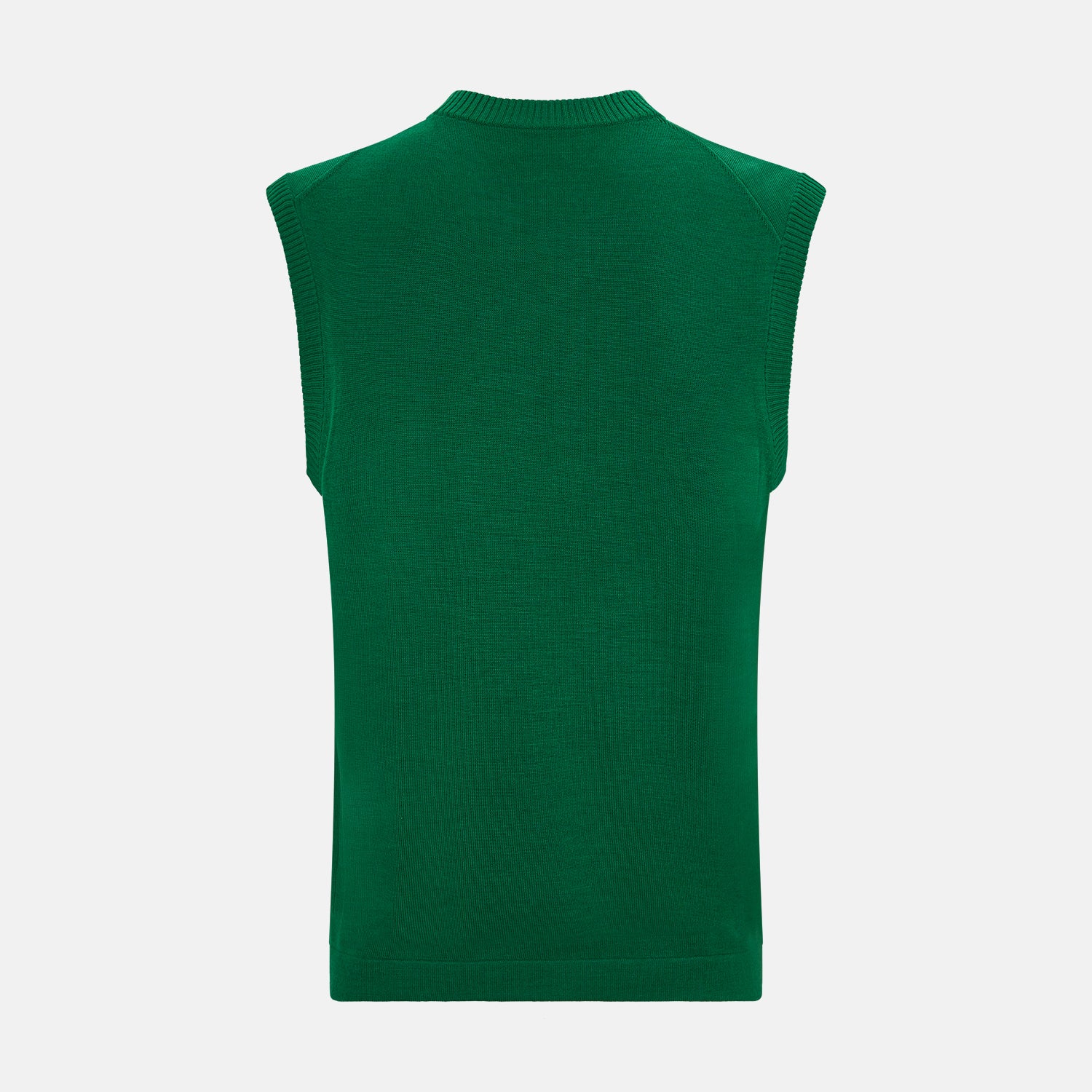 View 3 of product The Turnbull & Asser Hunter Green Fine Merino V-Neck Vest features a sleeveless design with ribbed edges, making it a stylish sweater vest for any gentleman. Shown against a plain white background.