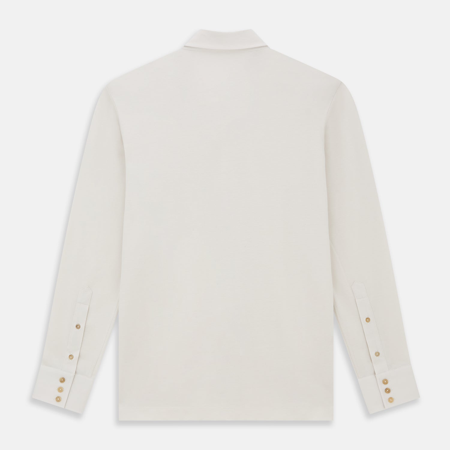 View 3 of product The Turnbull & Asser White Pique Shirt is a long-sleeve, white button-up with a chest pocket and beige buttons, laid flat on a white background, featuring an elevated silhouette inspired by elegant polos.