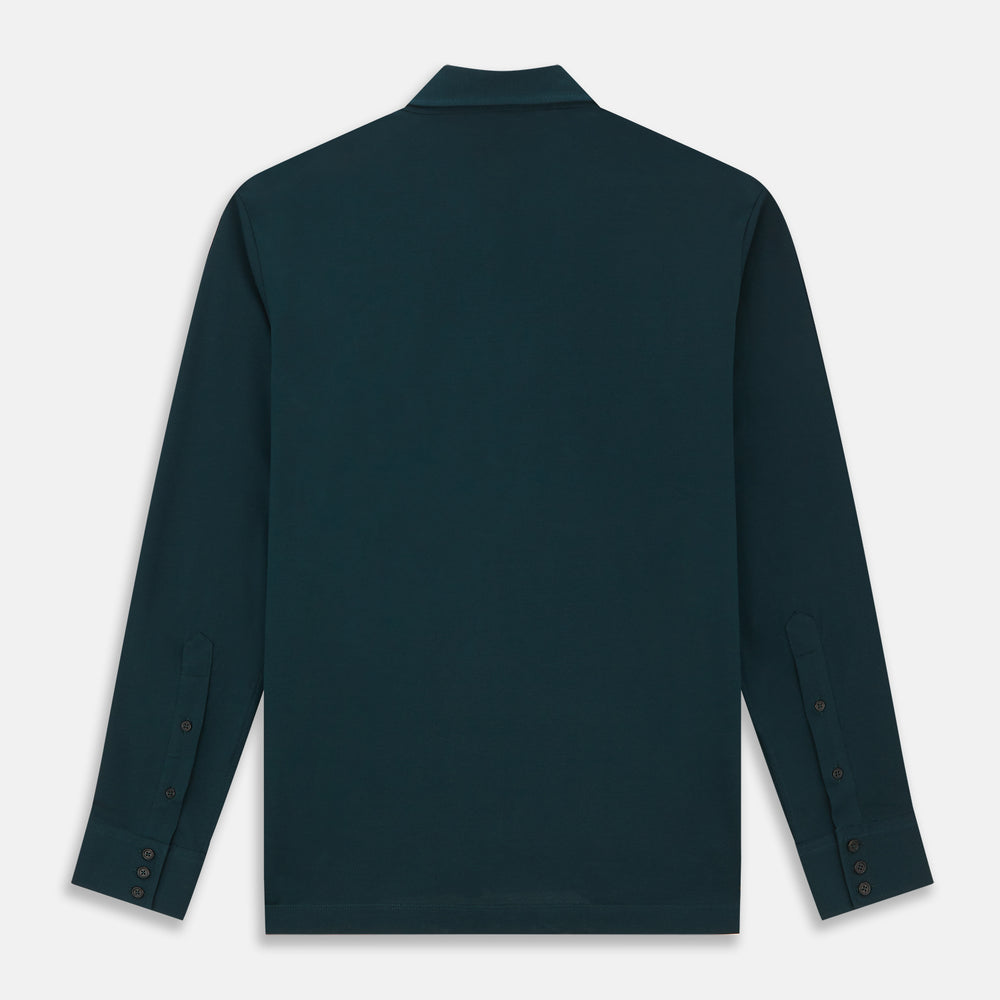 The Turnbull & Asser Dark Green Pique Shirt features long sleeves, a button-up front, chest pocket, and an elevated silhouette, displayed flat on a white background.