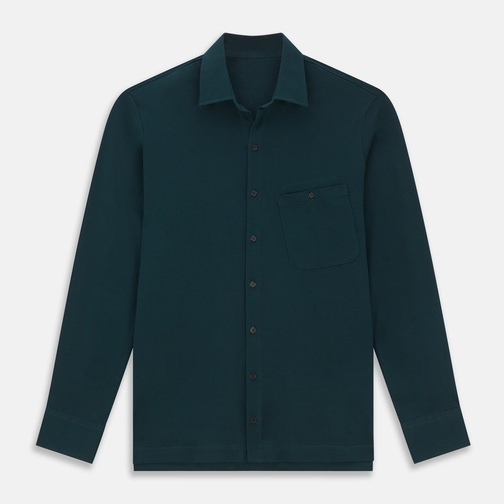 The Turnbull & Asser Dark Green Pique Shirt features long sleeves, a button-up front, chest pocket, and an elevated silhouette, displayed flat on a white background.