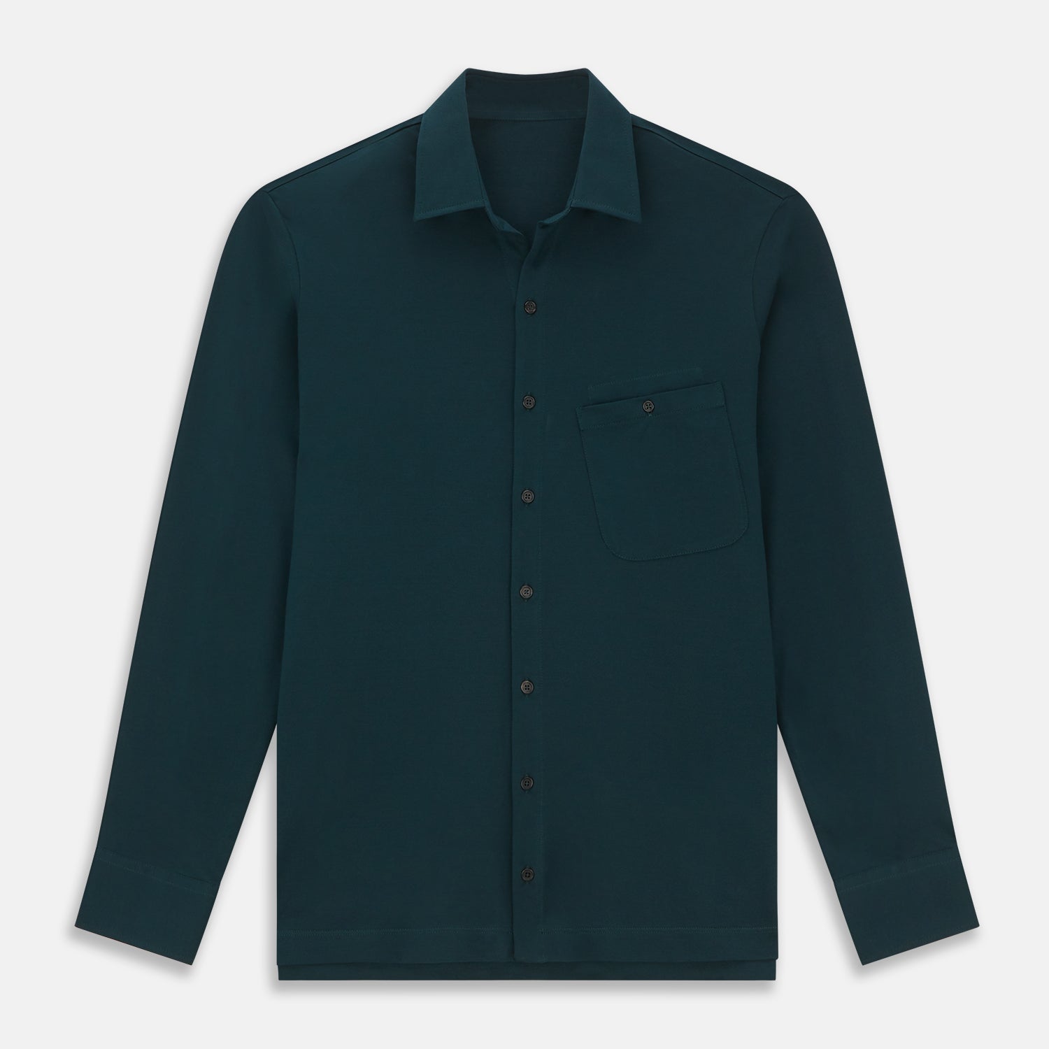 View 1 of product The Turnbull & Asser Dark Green Pique Shirt features long sleeves, a button-up front, chest pocket, and an elevated silhouette, displayed flat on a white background.