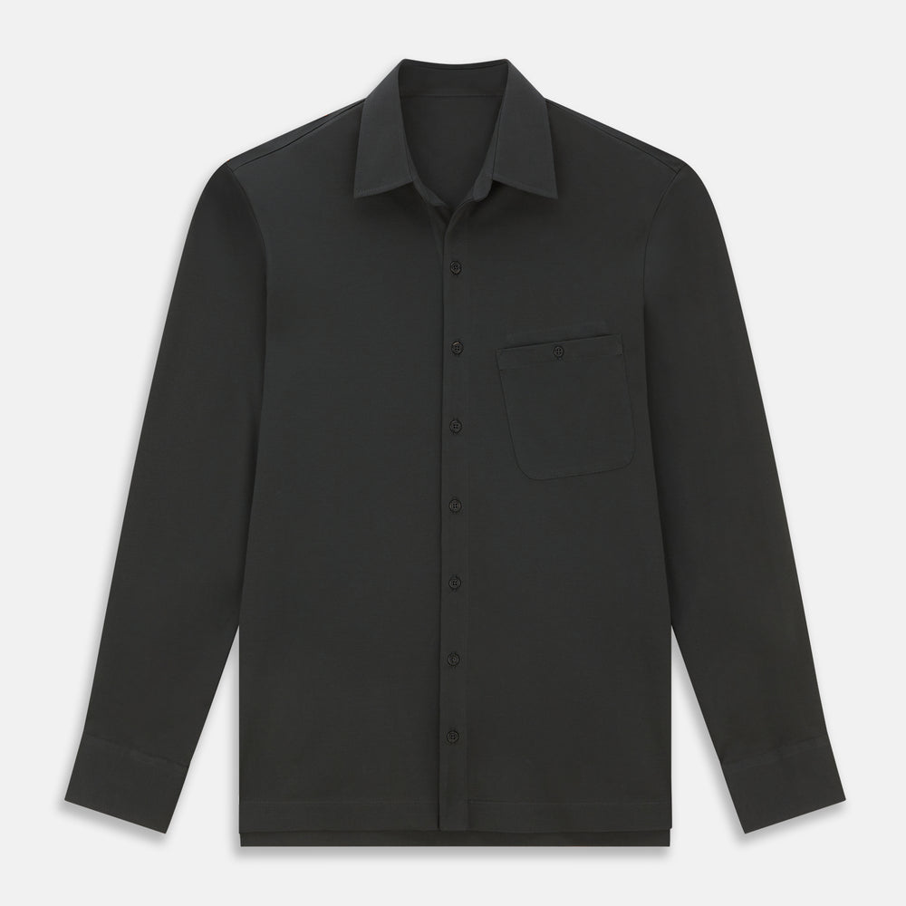 The Moss Green Pique Shirt by Turnbull & Asser, featuring long sleeves, a button-up front, collar, and single chest pocket, is laid flat on a white background for a refined take on classic style.