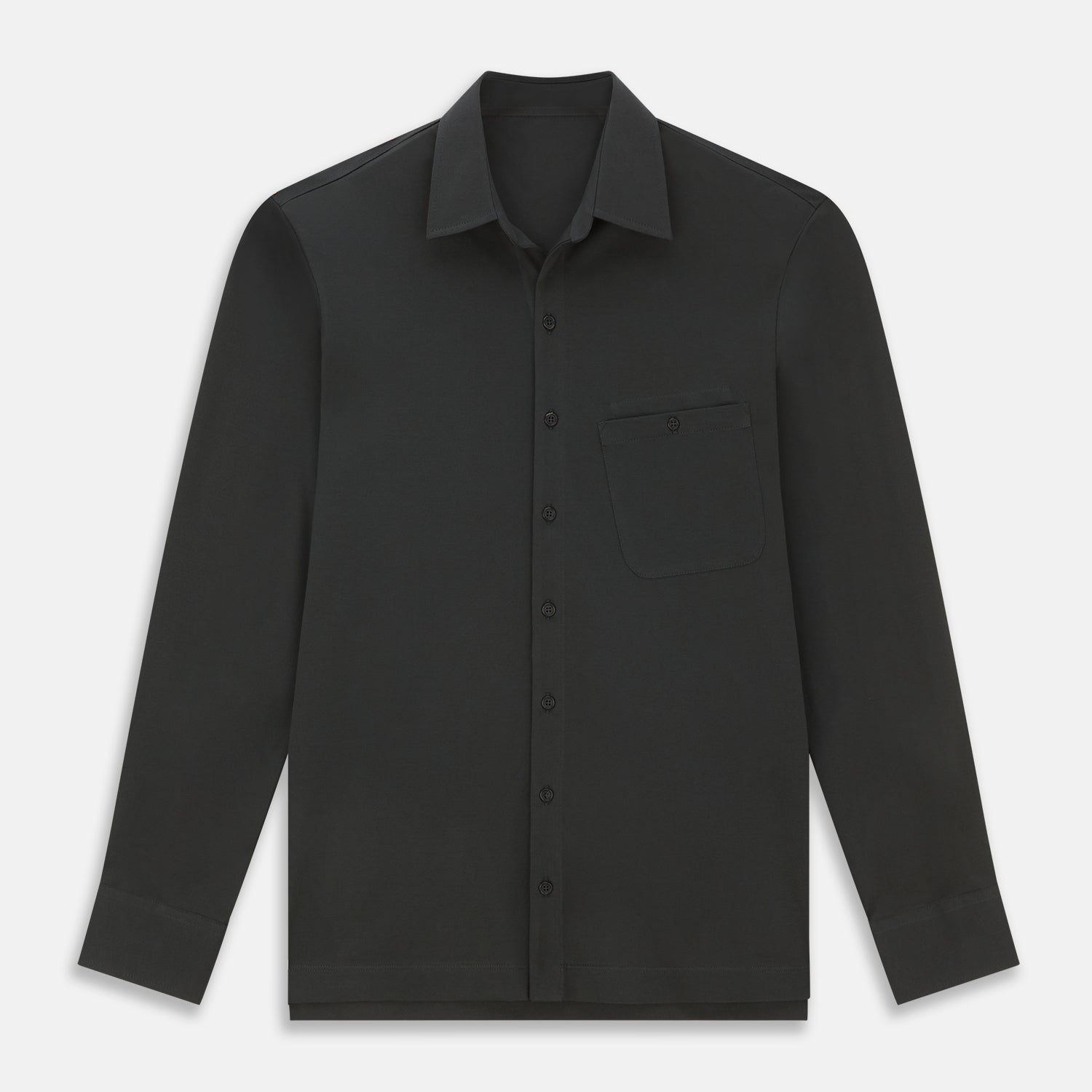 View 1 of product The Moss Green Pique Shirt by Turnbull & Asser, featuring long sleeves, a button-up front, collar, and single chest pocket, is laid flat on a white background for a refined take on classic style.