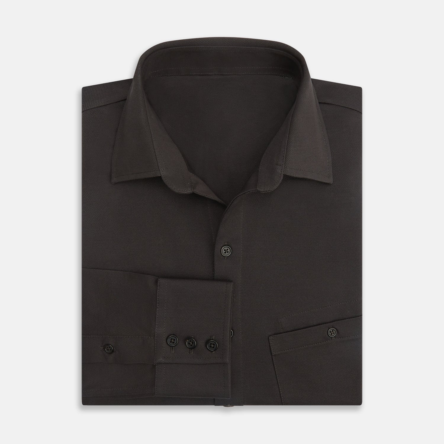 View 5 of product A Brown Pique Shirt by Turnbull & Asser, featuring long sleeves, a collar, and a single chest pocket, is laid flat on a white background.
