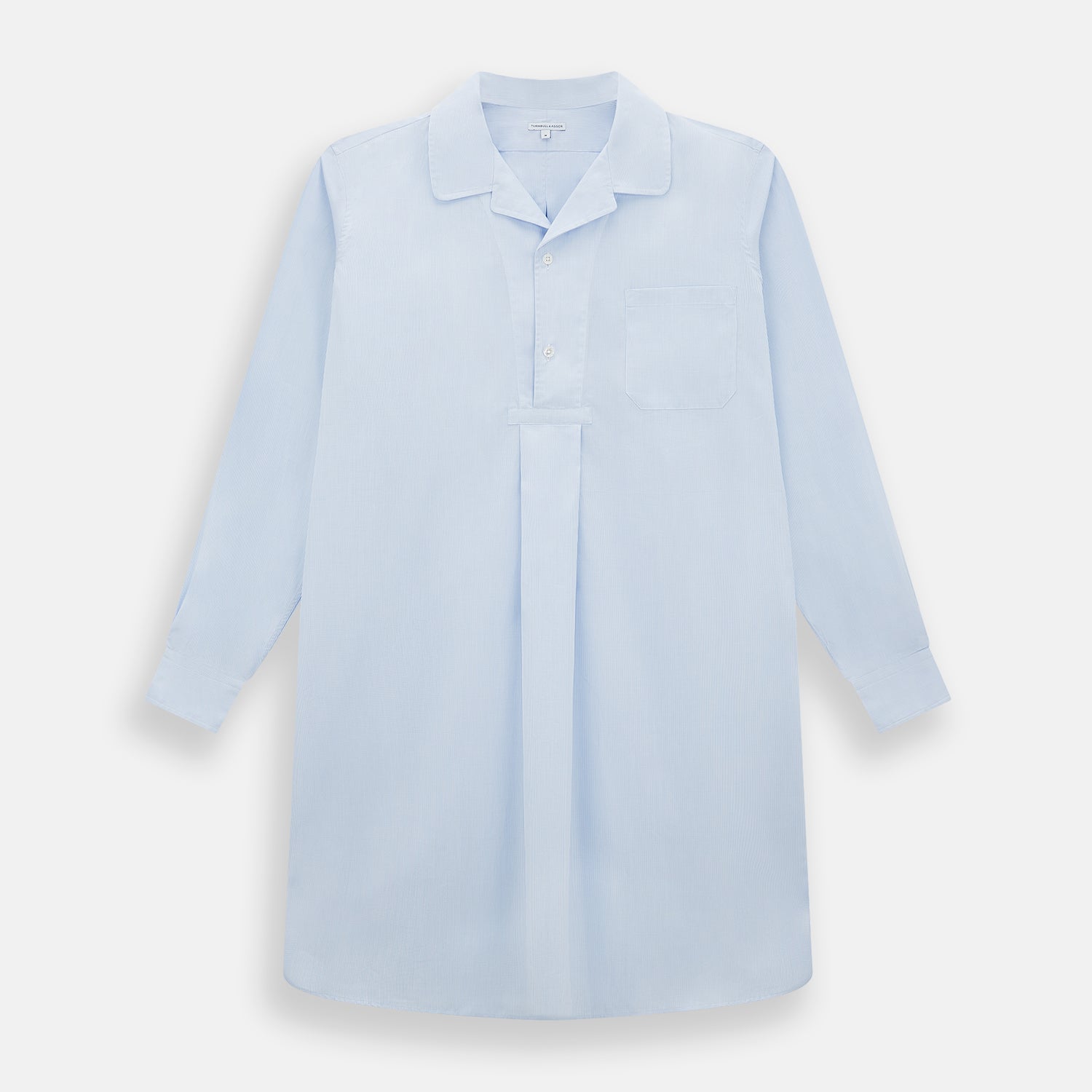 View 1 of product The Turnbull & Asser Pale Blue Fine Micro Check Nightshirt is a relaxed-fit, long-sleeve sleepwear piece with a collar, chest pocket, buttoned half-placket, and front pleat, shown against a plain white background.