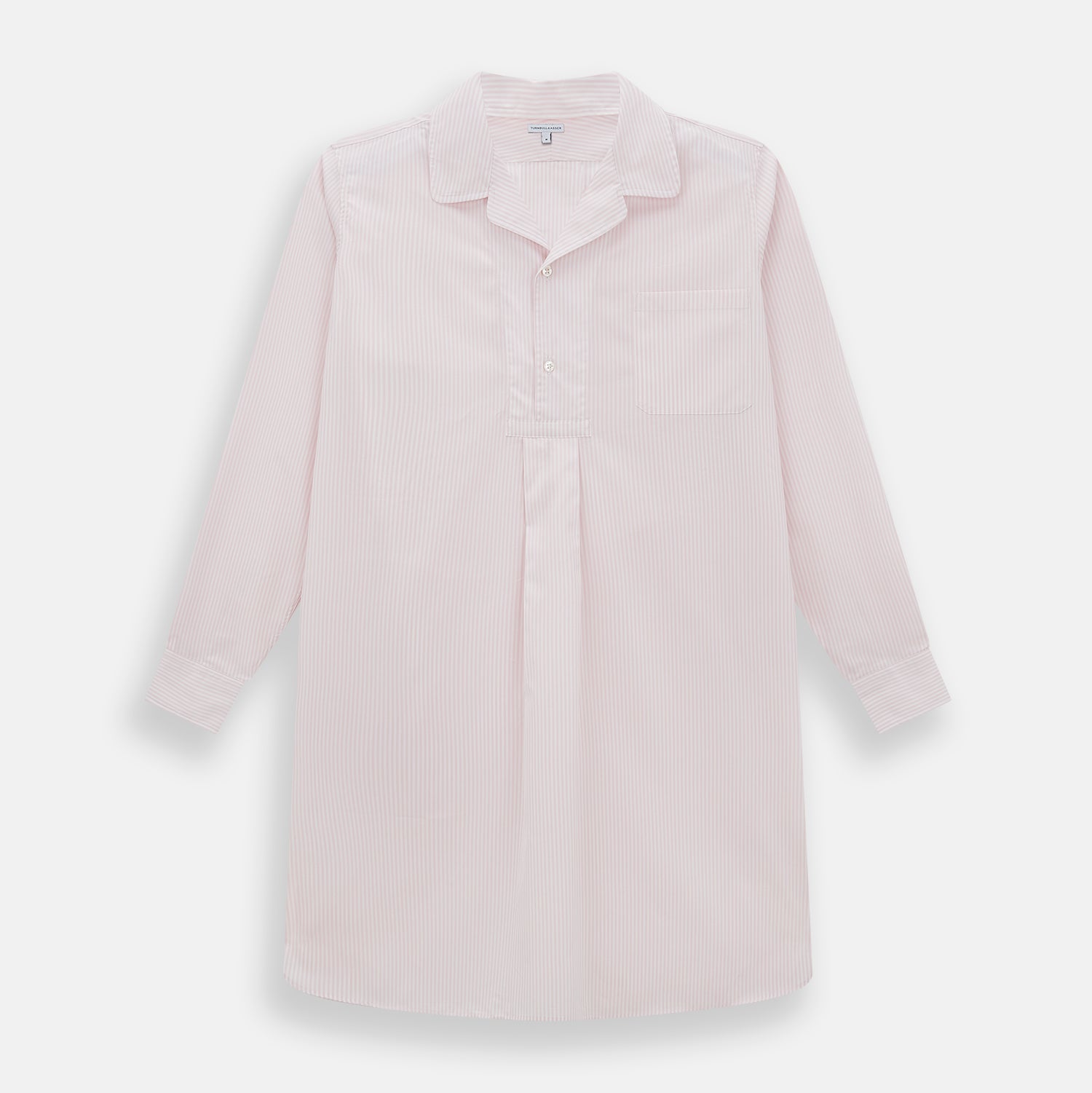 View 1 of product The Turnbull & Asser Pale Pink Bengal Stripe Nightshirt features long sleeves, a subtle striped pattern, a collar, chest pocket, and front buttons. Shown flat on a white background, this stylish sleepwear offers comfort and elegance.