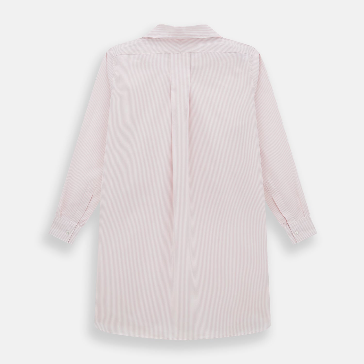 View 3 of product The Turnbull & Asser Pale Pink Bengal Stripe Nightshirt features long sleeves, a subtle striped pattern, a collar, chest pocket, and front buttons. Shown flat on a white background, this stylish sleepwear offers comfort and elegance.