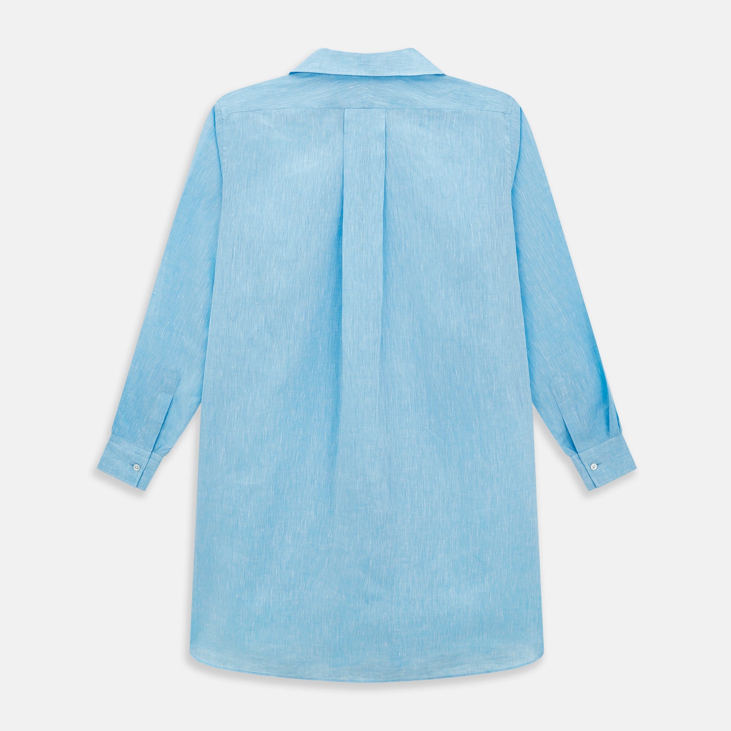 View 3 of product The Turnbull & Asser Turquoise Linen Nightshirt features long sleeves, a collar, button placket, single chest pocket, and a loose fit. Shown in light blue on a plain white background.