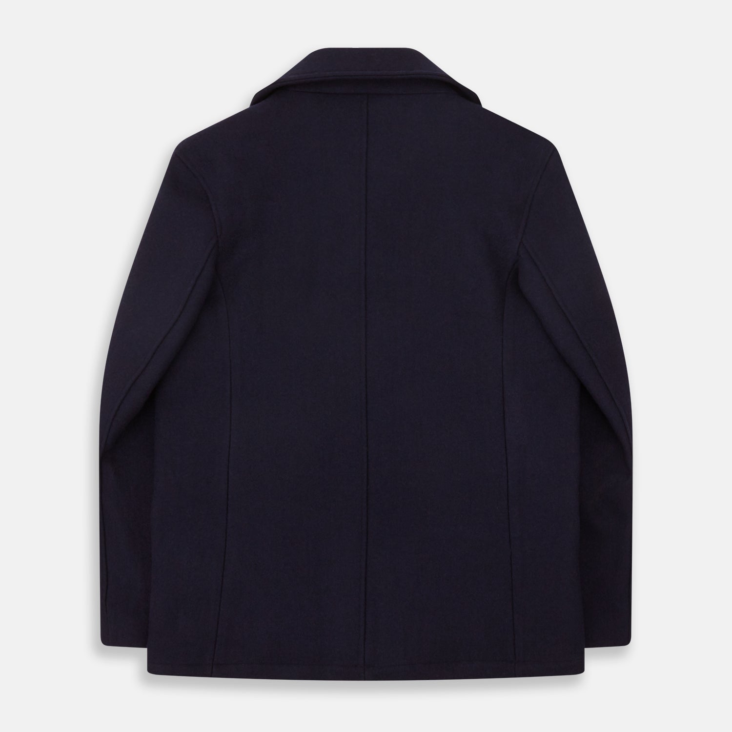 View 4 of product The Navy Lambswool Redford Peacoat by Turnbull & Asser is a double-breasted navy outerwear with black buttons, broad lapels, slanted pockets, and a striking deep red inner lining.
