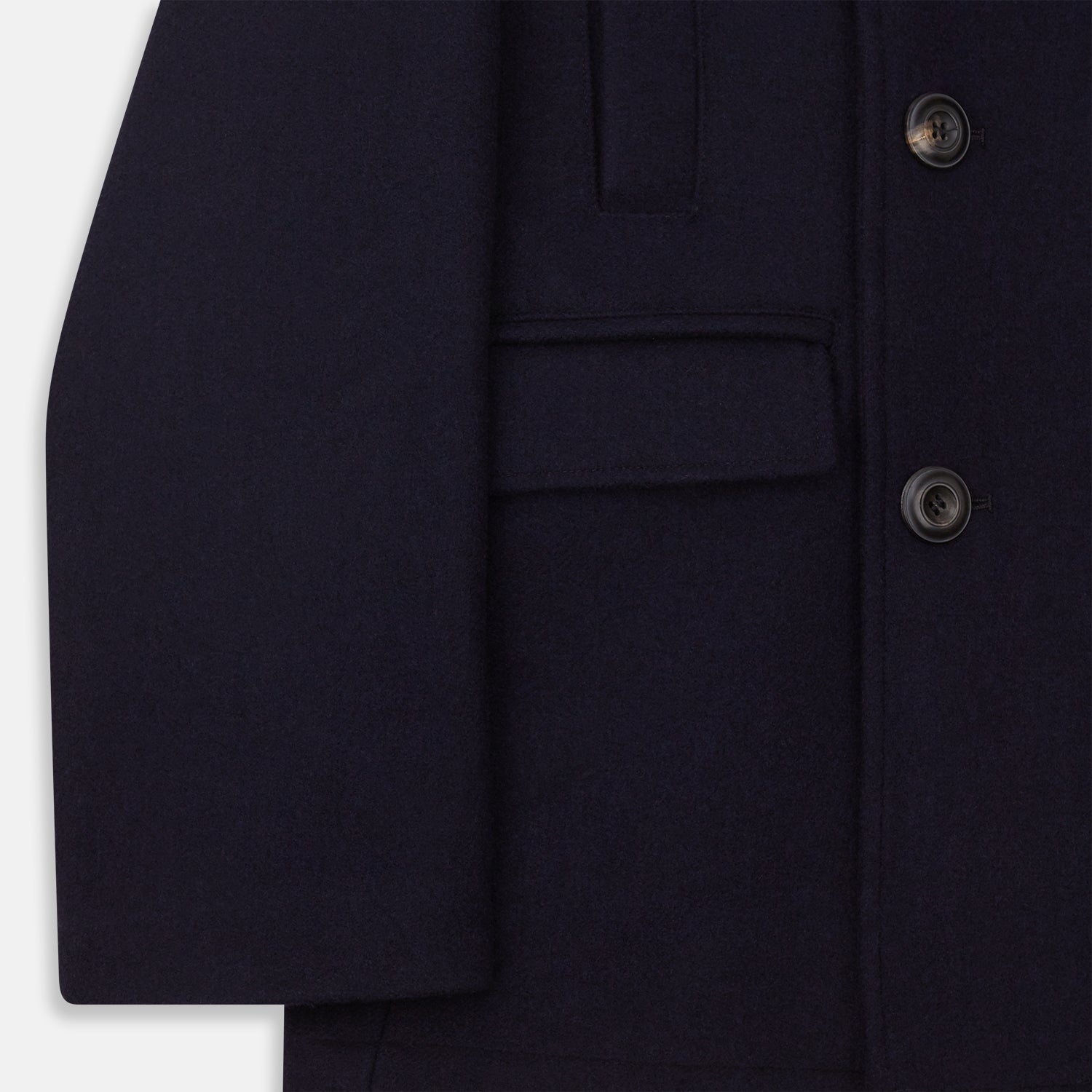 View 3 of product The Navy Lambswool Redford Peacoat by Turnbull & Asser is a double-breasted navy outerwear with black buttons, broad lapels, slanted pockets, and a striking deep red inner lining.