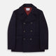 The Navy Lambswool Redford Peacoat by Turnbull & Asser is a double-breasted navy outerwear with black buttons, broad lapels, slanted pockets, and a striking deep red inner lining.