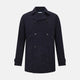 The Navy Short Albert Trench Coat by Turnbull & Asser UK features dark navy fabric, six black buttons, a notched collar, long sleeves with adjustable cuffs, and front zip pockets—displayed on a plain white background.