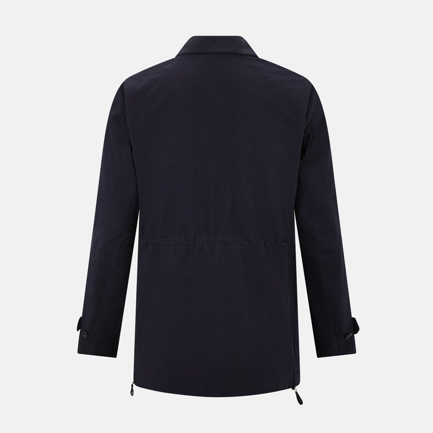View 3 of product The Navy Short Albert Trench Coat by Turnbull & Asser UK features dark navy fabric, six black buttons, a notched collar, long sleeves with adjustable cuffs, and front zip pockets—displayed on a plain white background.