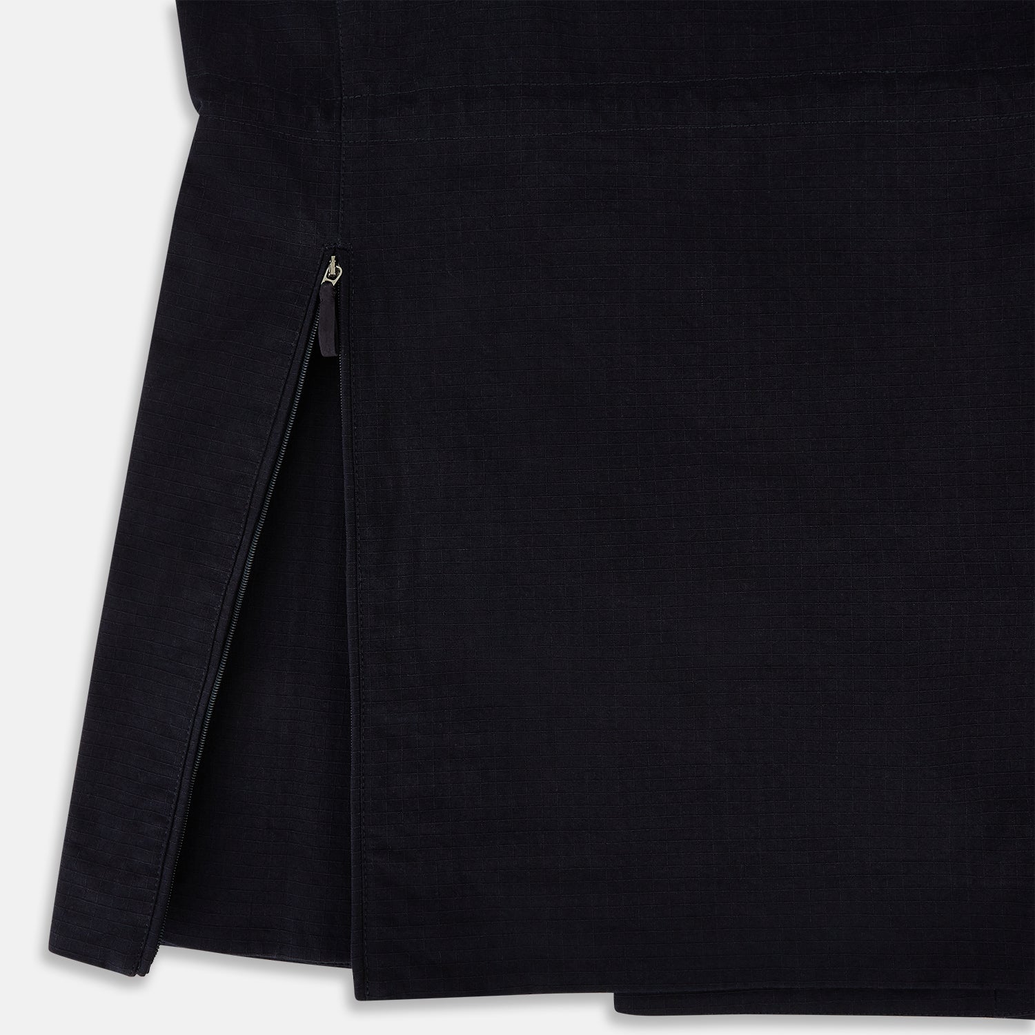 View 6 of product The Navy Short Albert Trench Coat by Turnbull & Asser UK features dark navy fabric, six black buttons, a notched collar, long sleeves with adjustable cuffs, and front zip pockets—displayed on a plain white background.
