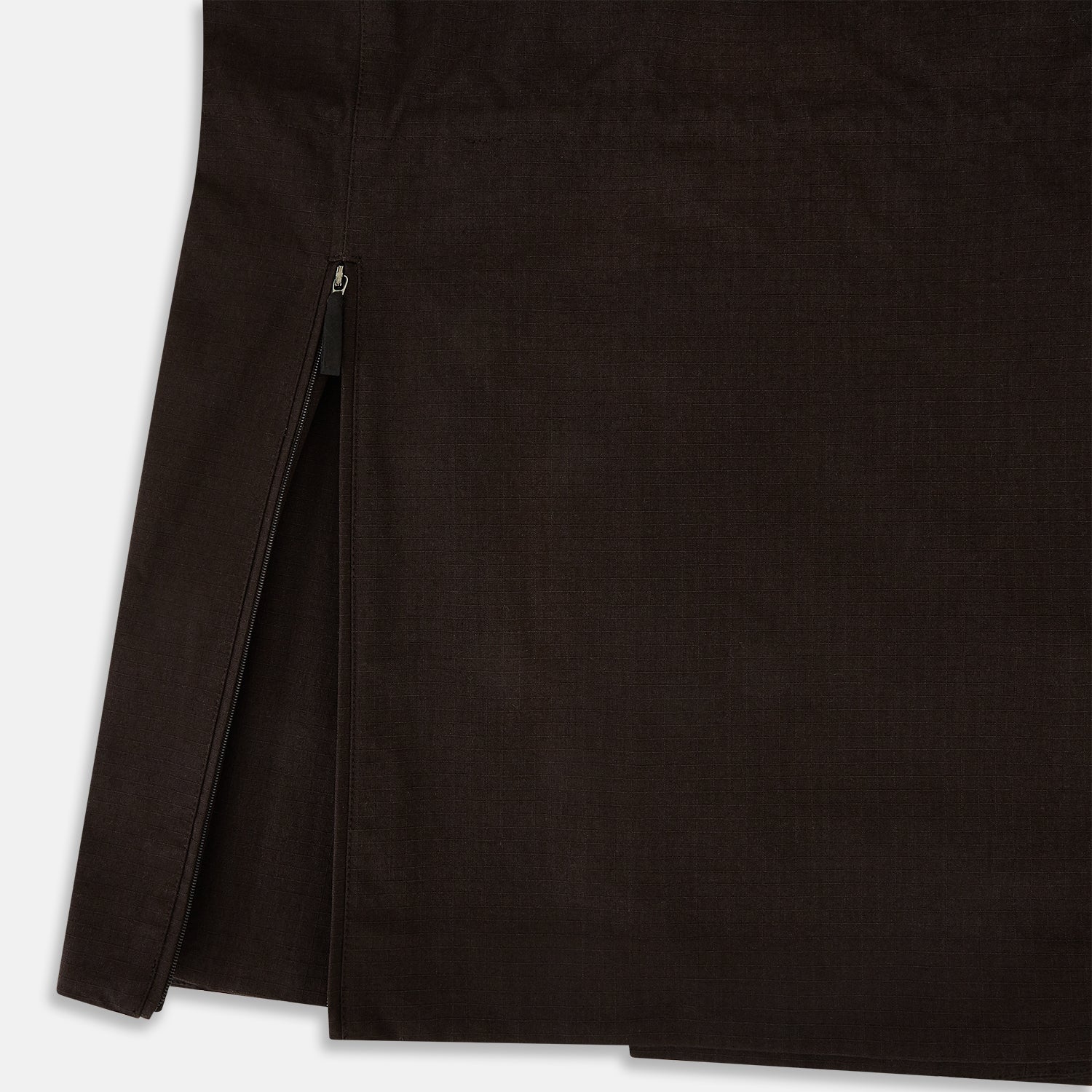 View 6 of product The Turnbull & Asser UK Dark Chocolate Short Albert Trench Coat features a double-breasted style, black buttons, notched collar, chest pocket, two side zip pockets, and adjustable cuff straps—shown on a plain white background.