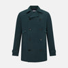 View 1 of product Turnbull & Asser UK's Forest Green Short Albert Trench Coat features a double-breasted design, black buttons, front chest pocket, two zippered side pockets, and strapped cuffs, shown against a plain white background.