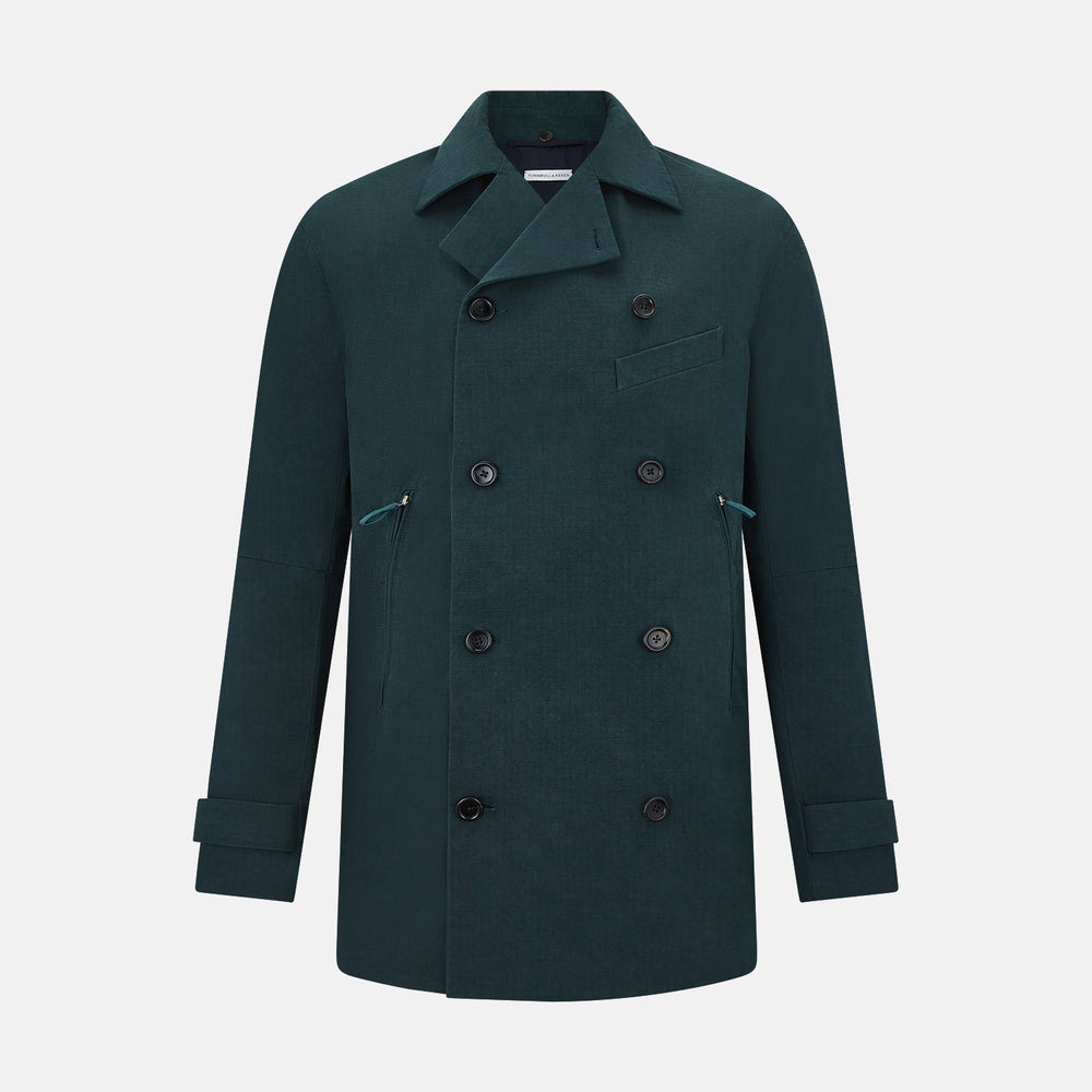 Turnbull & Asser UK's Forest Green Short Albert Trench Coat features a double-breasted design, black buttons, front chest pocket, two zippered side pockets, and strapped cuffs, shown against a plain white background.