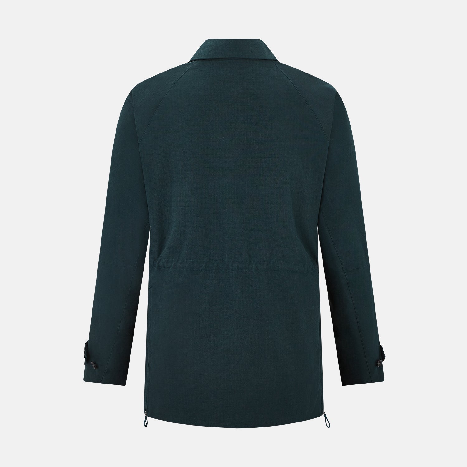 View 3 of product Turnbull & Asser UK's Forest Green Short Albert Trench Coat features a double-breasted design, black buttons, front chest pocket, two zippered side pockets, and strapped cuffs, shown against a plain white background.