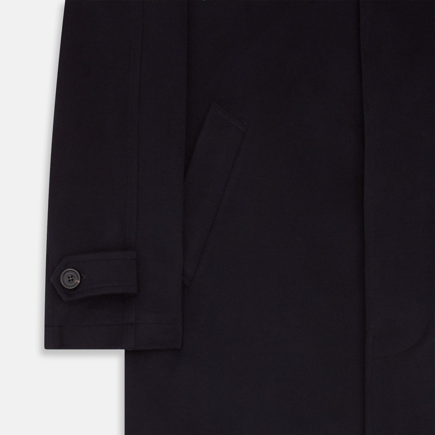 View 3 of product The Turnbull & Asser Dark Navy Cashmere Storm System Smith Coat, featuring a classic collar, buttoned front, side pockets, and buttoned cuffs, is shown laid flat on a white background.