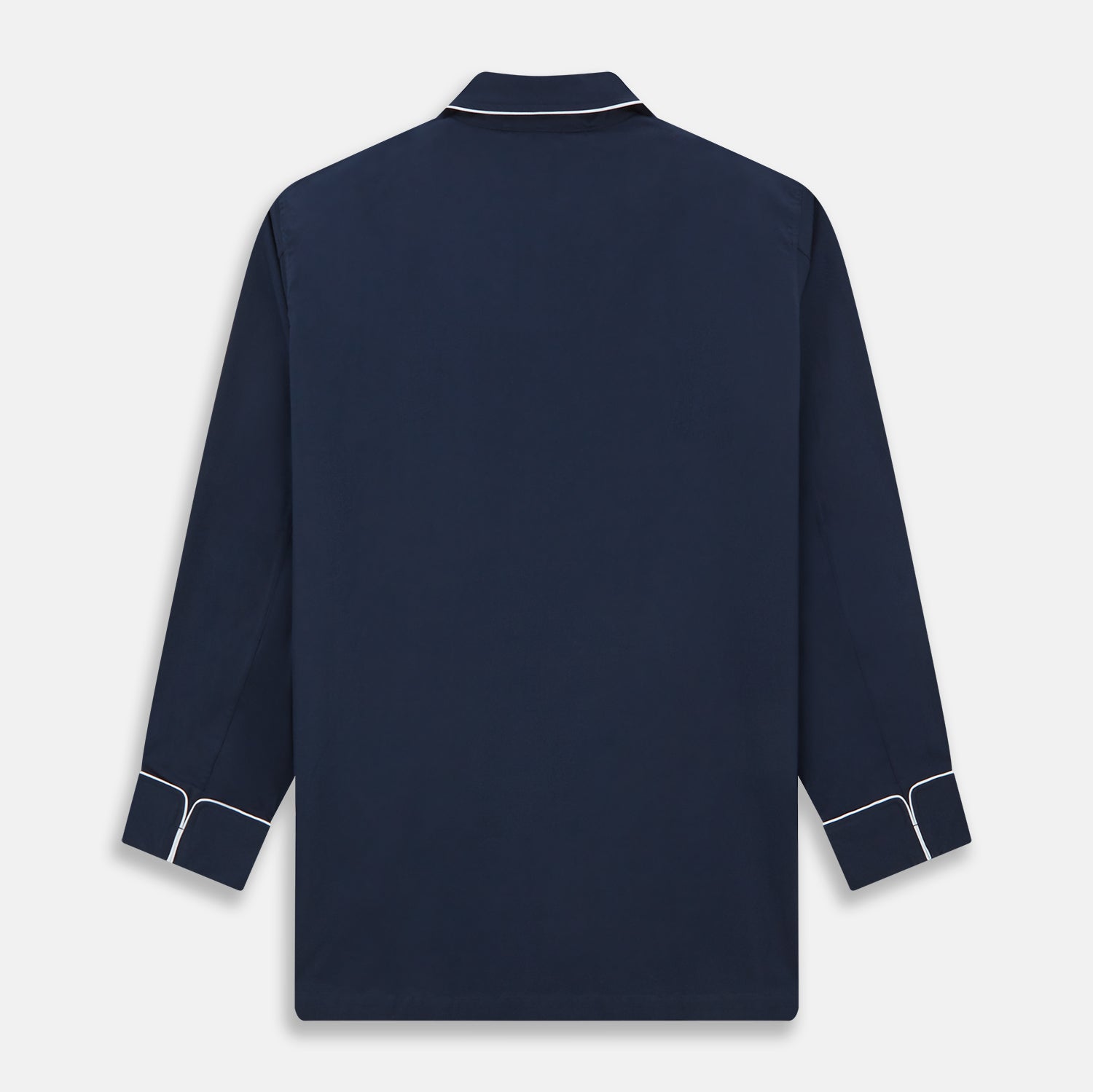 View 5 of product The Turnbull & Asser Navy Piped Cotton Pyjama Set features a navy blue long-sleeve top with white piping, front buttons, a chest pocket, and matching drawstring pants, all displayed on a white background.