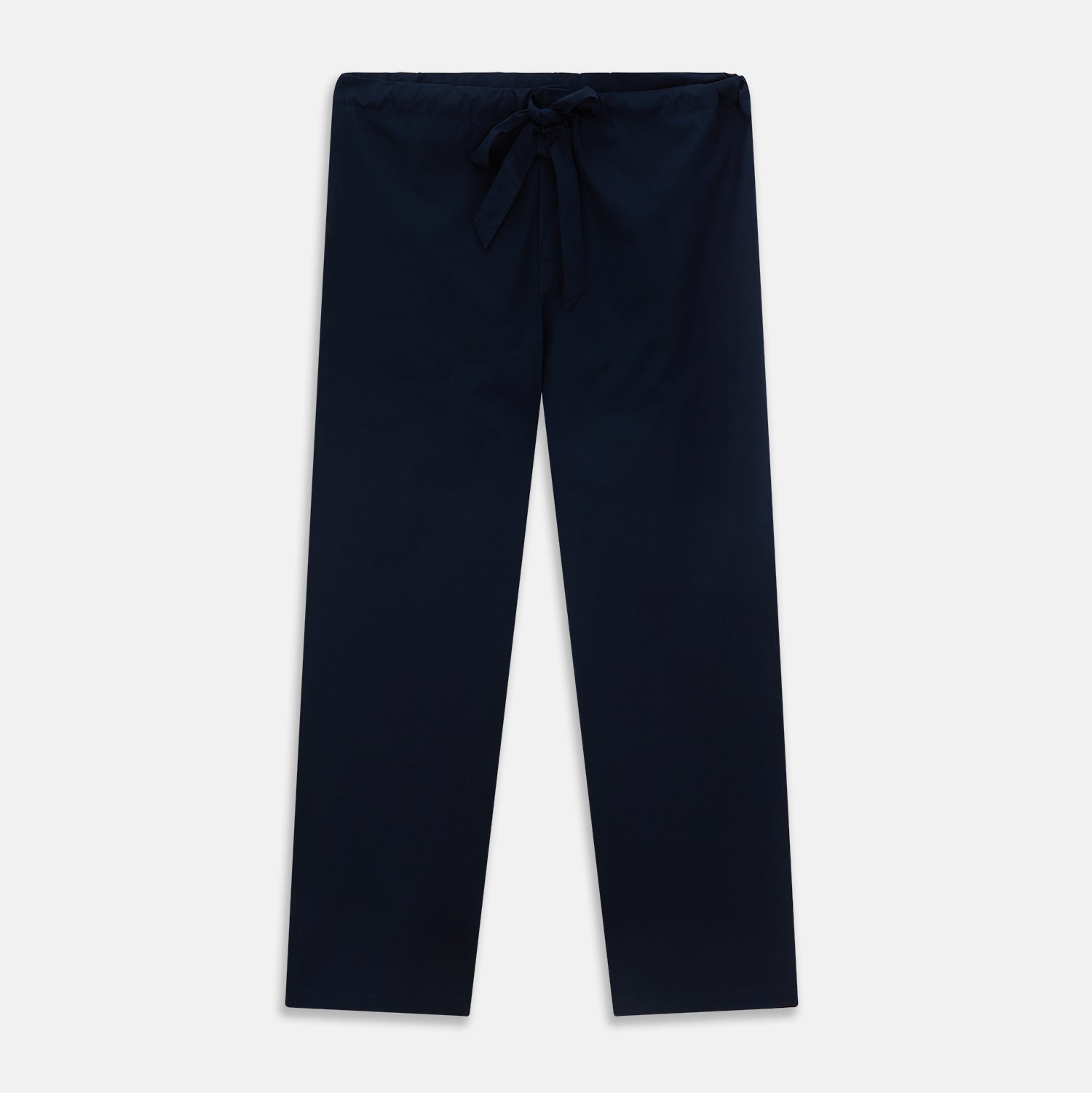 View 6 of product The Turnbull & Asser Navy Piped Cotton Pyjama Set features a navy blue long-sleeve top with white piping, front buttons, a chest pocket, and matching drawstring pants, all displayed on a white background.