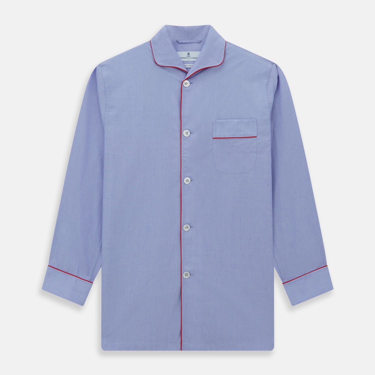 View 4 of product The Blue Piped End-on-End Cotton Pyjama Set by Turnbull & Asser features light blue long sleeves, red piping, front buttons, chest pocket, and matching drawstring pants—luxurious sleepwear laid flat on a white background.