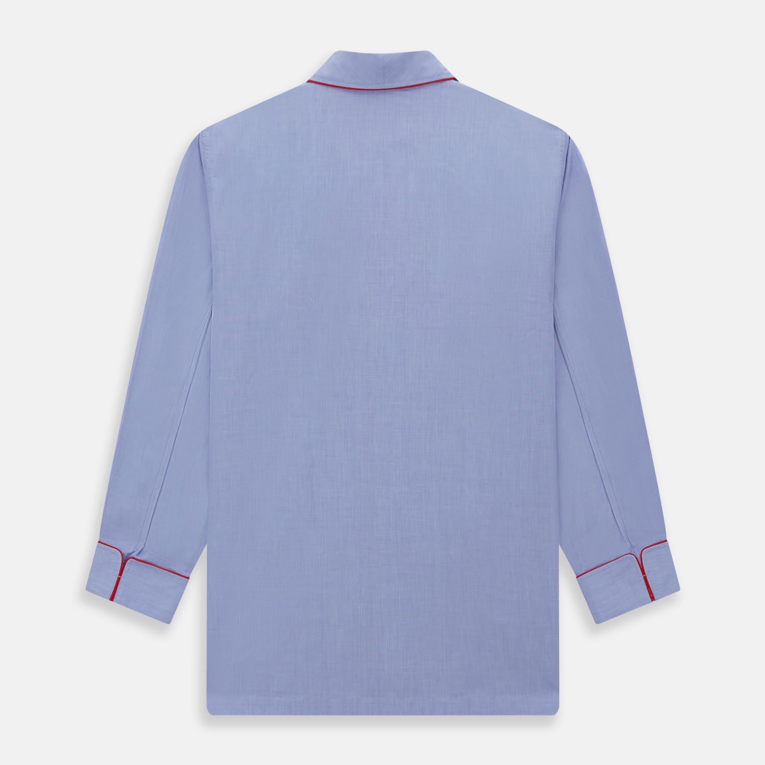 View 5 of product The Blue Piped End-on-End Cotton Pyjama Set by Turnbull & Asser features light blue long sleeves, red piping, front buttons, chest pocket, and matching drawstring pants—luxurious sleepwear laid flat on a white background.