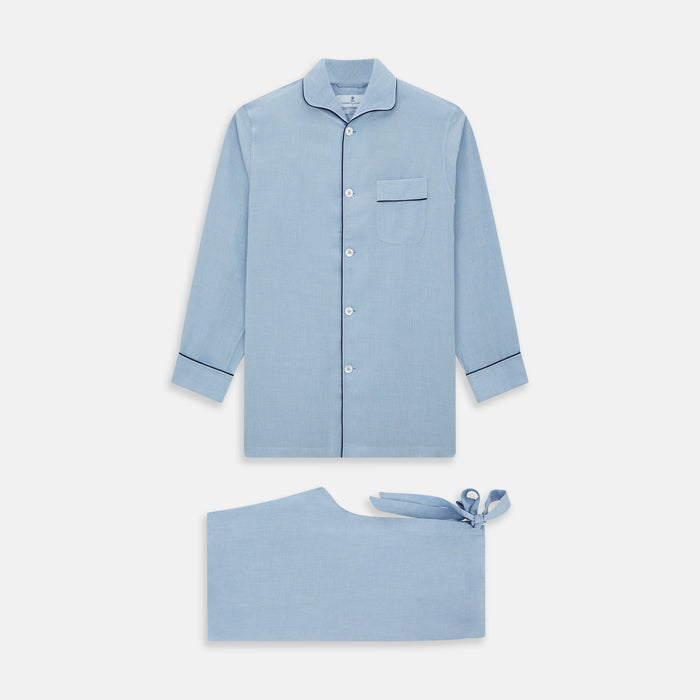 Blue Piped Cotton-Cashmere Pyjama Set