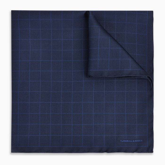 Checked Blue On Navy Pocket Square in Silk Image 4