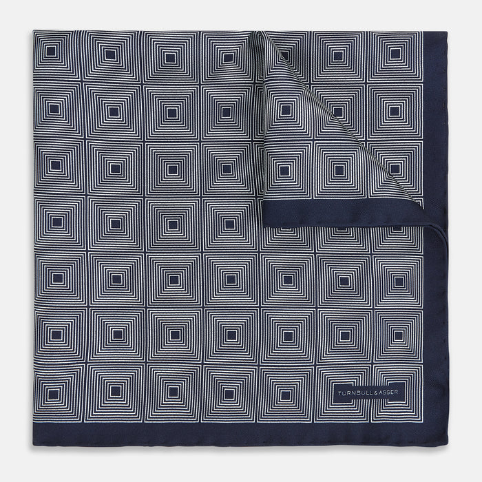 Geometric Blue Grey Pocket Square in Silk
