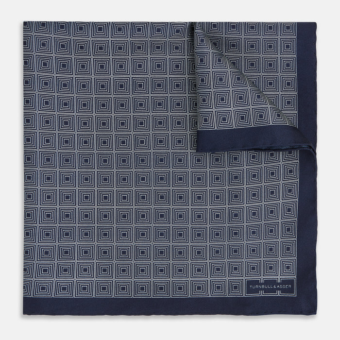 Geometric Navy Pale Blue  Pocket Square in Silk