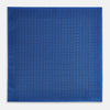 View 4 of product The Geometric Blue Pocket Square in Silk by Turnbull & Asser UK features a vibrant blue design adorned with small, outlined squares arranged in a grid of sharp navy lines. One corner is neatly folded to reveal the reverse side, with "Turnbull & Asser" printed at the bottom right.